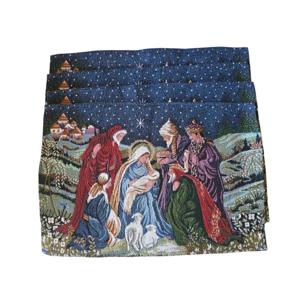Vtg Tapestry Nativity Christmas Place Mats Set of 4 Cottage Core